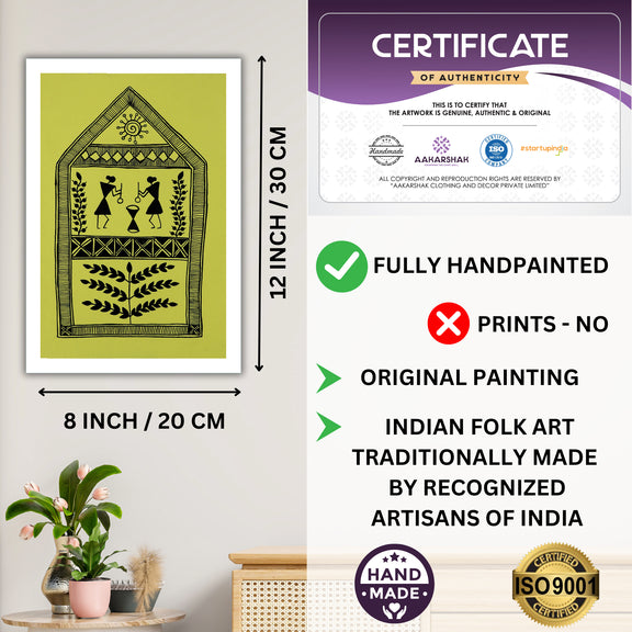 Framed artwork with dimensions, authenticity certificate-handmade iso certified-village warli painting