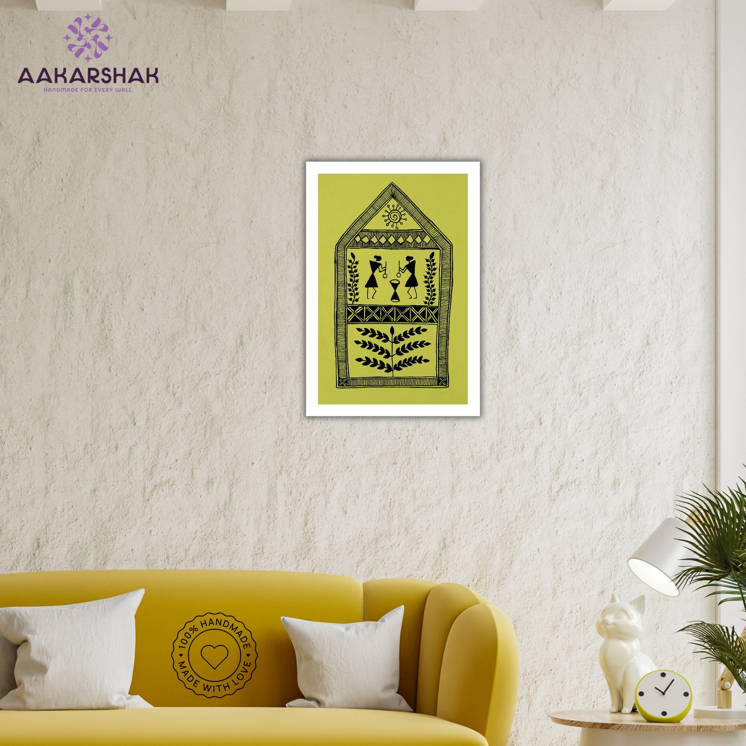 Framed artwork with a yellow background and black design-vibrant handmade village painting-depicting indian folk traditions