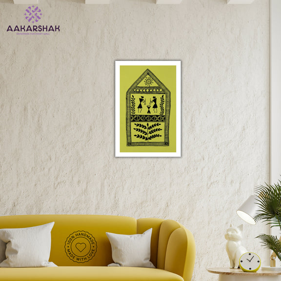 Framed artwork with a yellow background and black design-vibrant handmade village painting-depicting indian folk traditions