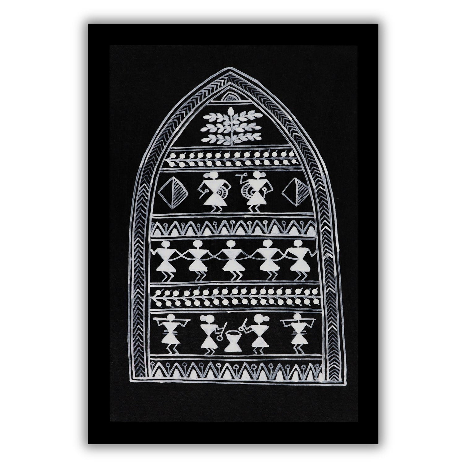 Decorative black and white handmade  village art with warli design on a black background