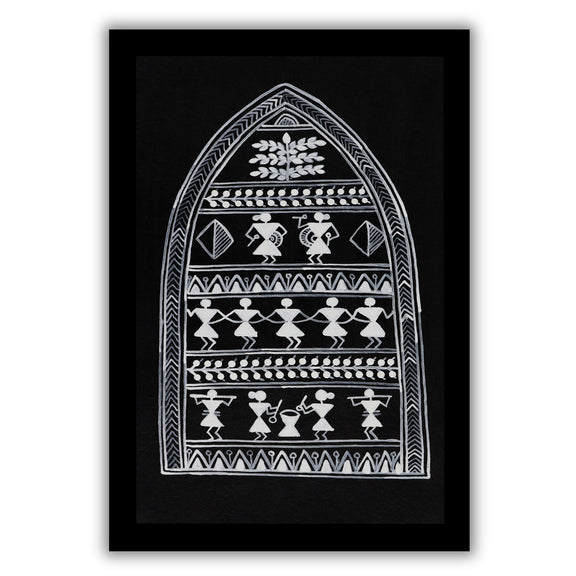 Decorative black and white handmade  village art with warli design on a black background