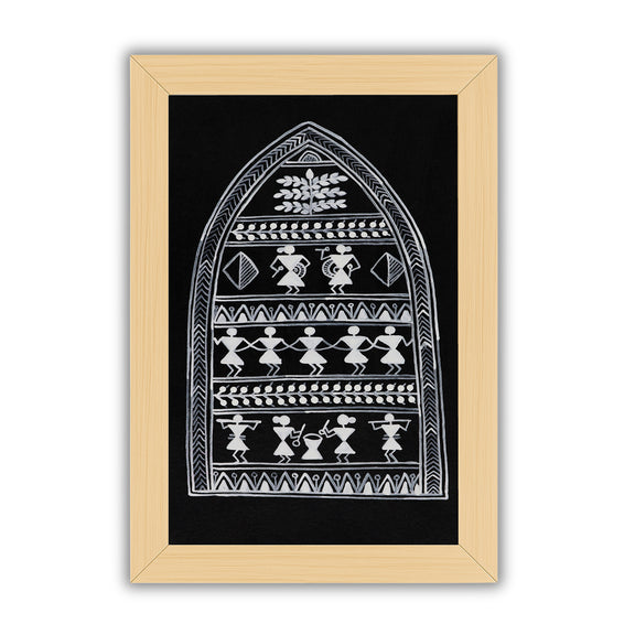 Decorative black and white handmade village art with warli design on a black background