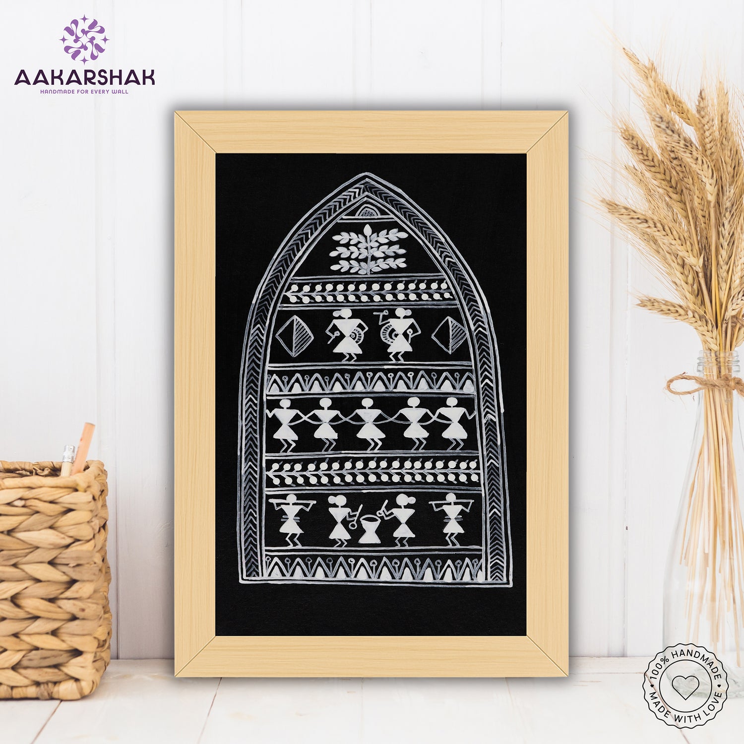 Framed artwork with village warli design on a black background- handmade with tabletop stand for home decor