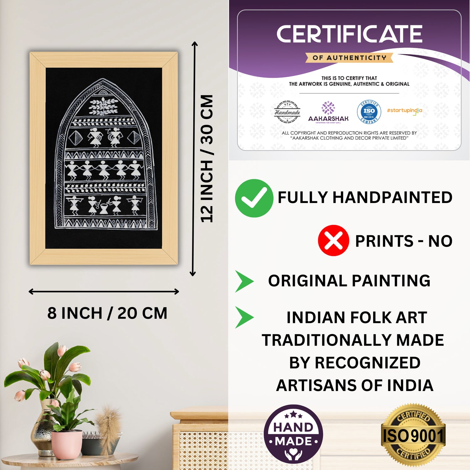 Framed artwork with dimensions, authenticity certificate-handmade iso certified-village warli painting