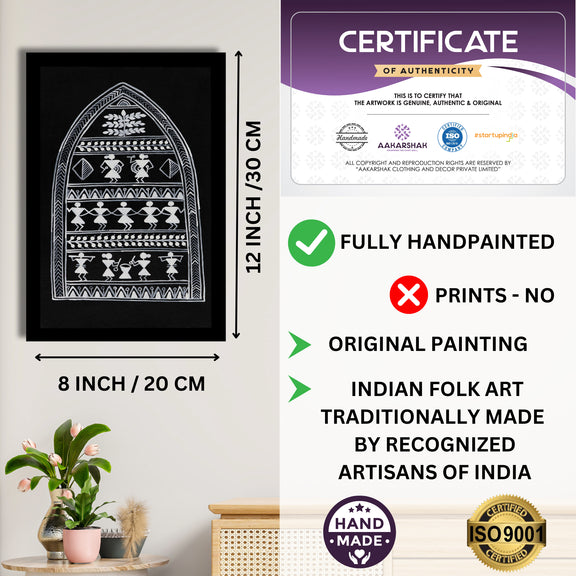 Framed artwork with dimensions, authenticity certificate-handmade iso certified-village warli painting