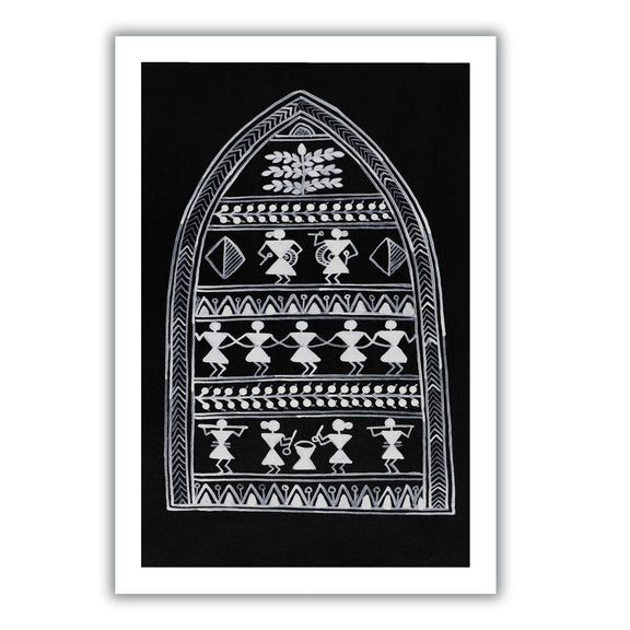 Decorative black and white handmade village art with warli design on a black background