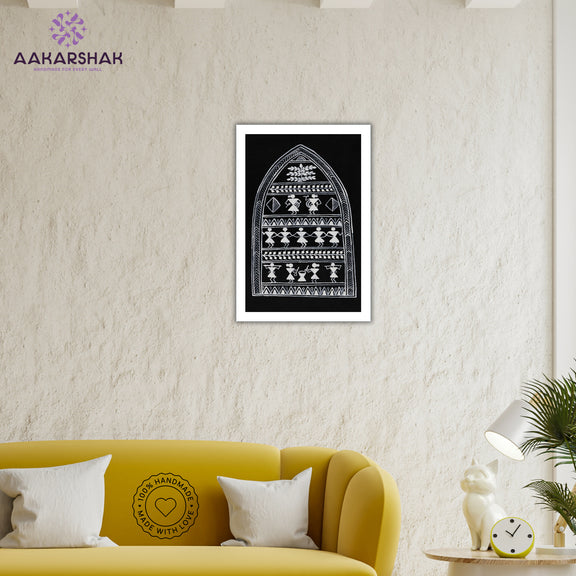 Framed artwork with a yellow background and black design-vibrant handmade village painting-depicting indian folk traditions