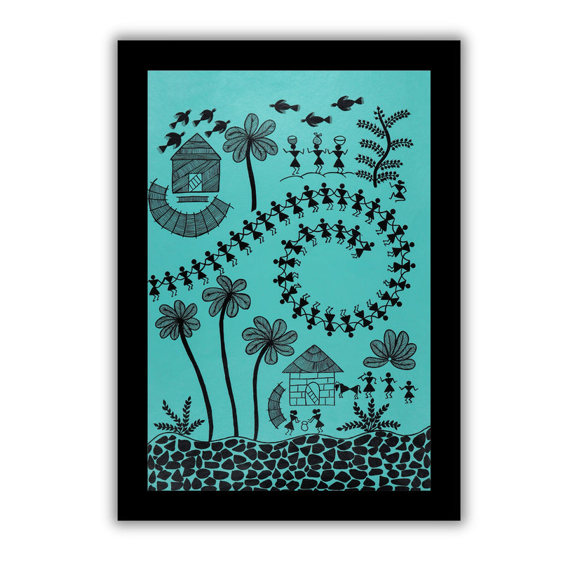 Framed artwork of a black village design-handmade warli painting 