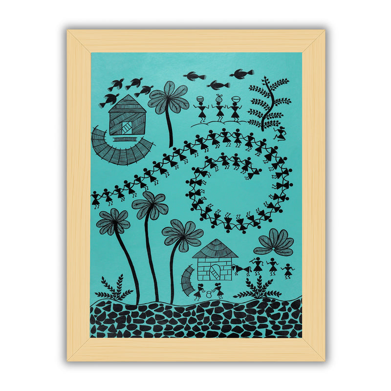Framed artwork of a black village design-handmade warli painting 