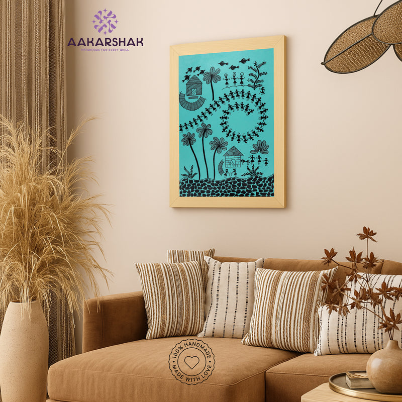 Handmade Warli Village Painting 17x24  Inch Framed Tribal Art