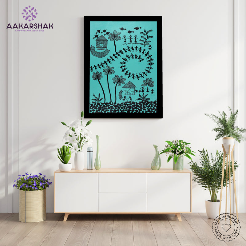 Handmade Warli Village Painting 17x24  Inch Framed Tribal Art