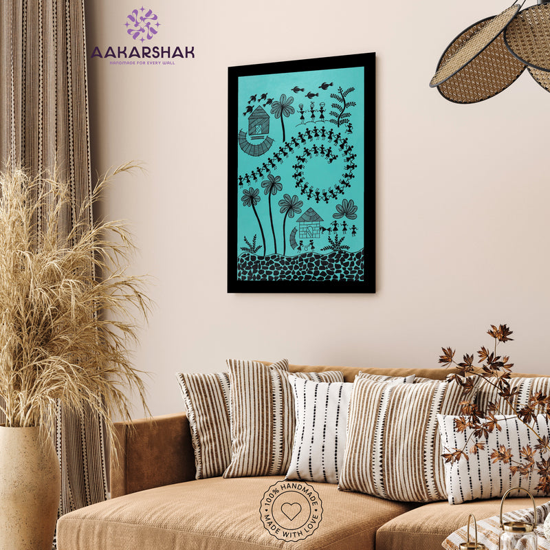 Handmade Warli Village Painting 17x24  Inch Framed Tribal Art