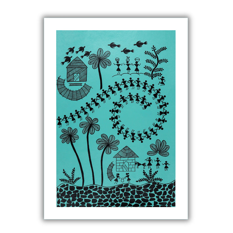 Framed artwork of a black village design-handmade warli painting 