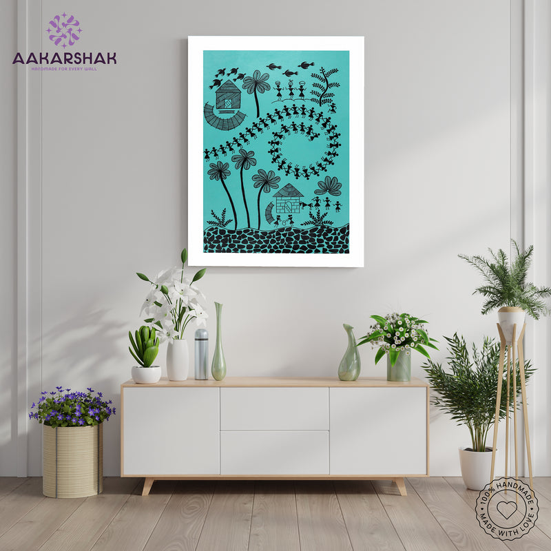 Handmade Warli Village Painting 17x24  Inch Framed Tribal Art