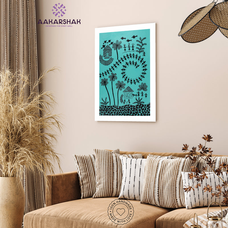 Handmade Warli Village Painting 17x24  Inch Framed Tribal Art
