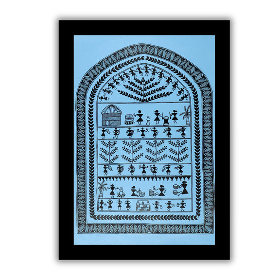Framed artwork of a black village design-handmade warli painting 