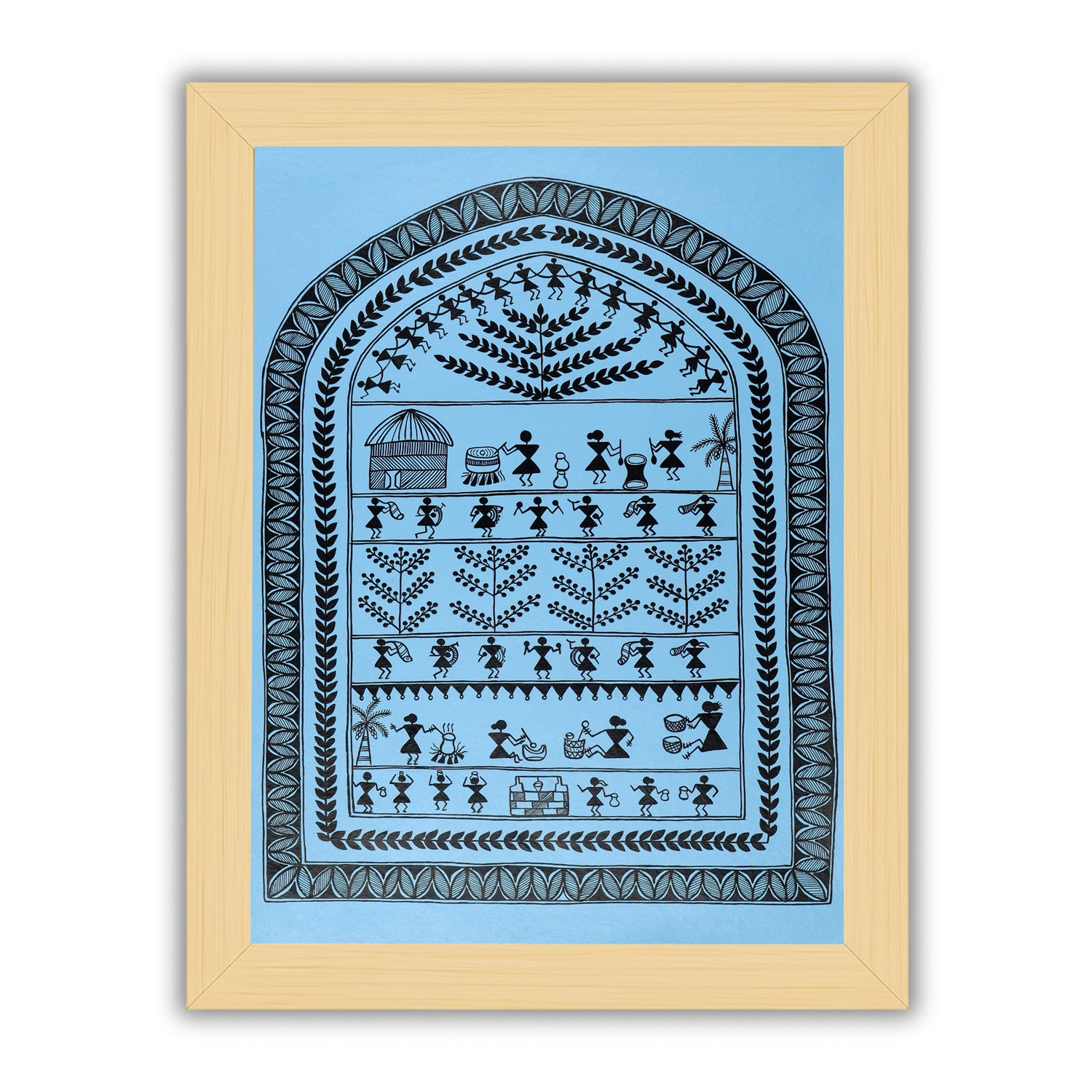 Framed artwork of a black village design-handmade warli painting 
