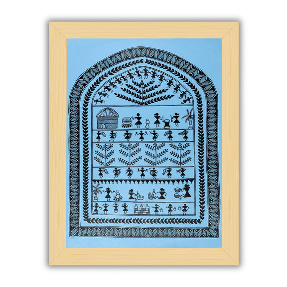 Framed artwork of a black village design-handmade warli painting 