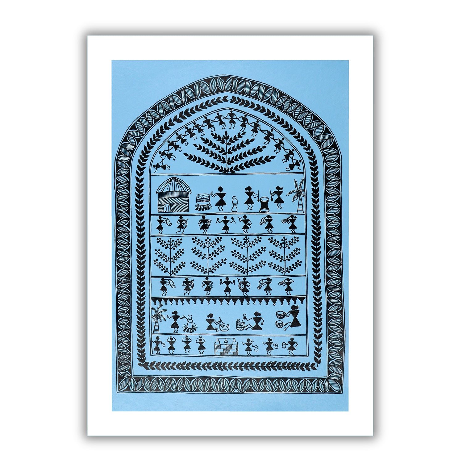 Framed artwork of a black village design-handmade warli painting 
