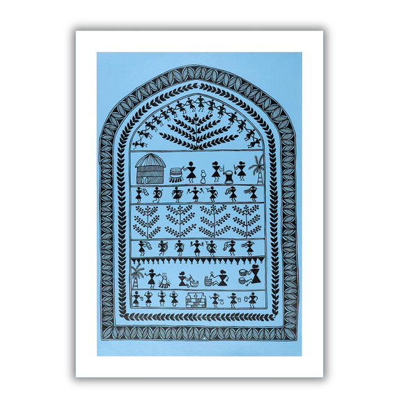 Framed artwork of a black village design-handmade warli painting 