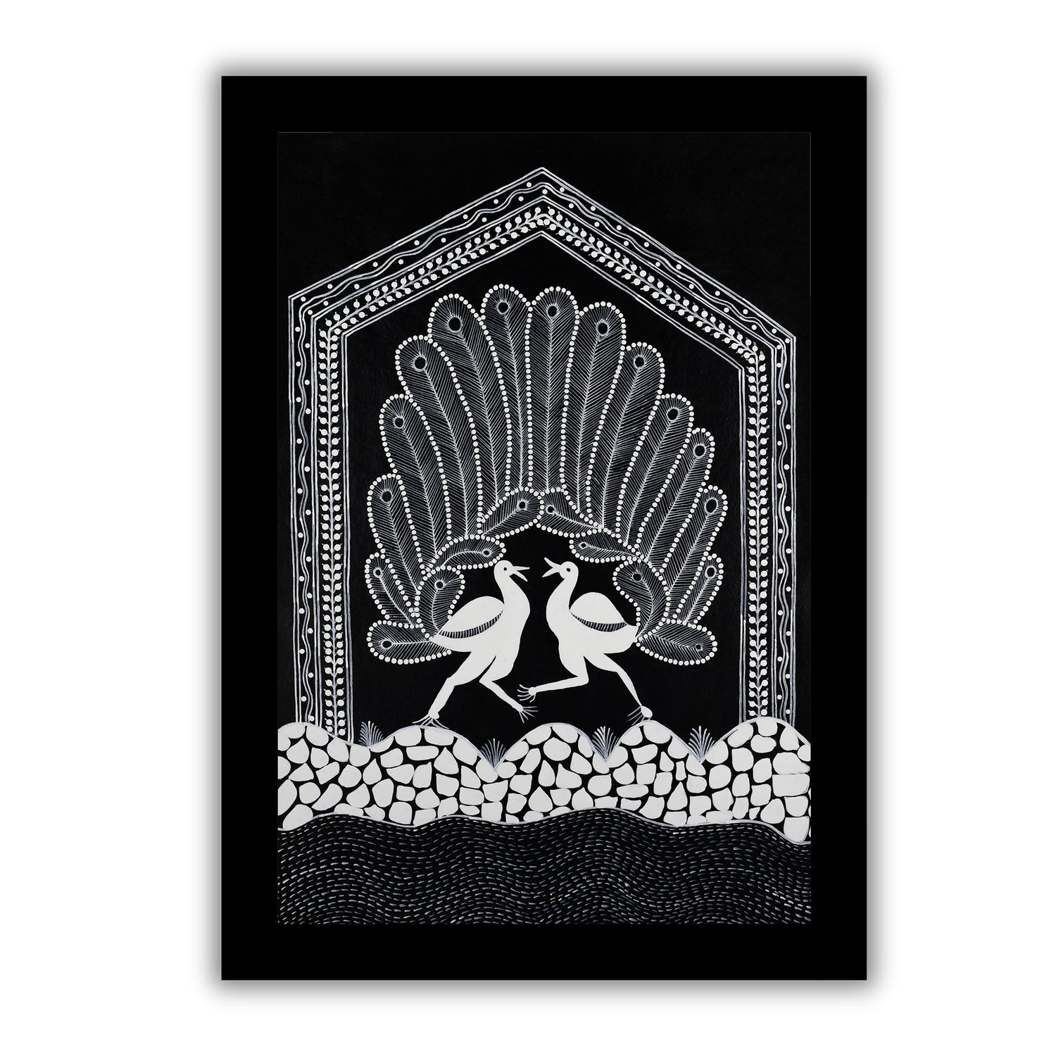 Handmade Warli Peacock Painting 17x24 Inch Framed Tribal Art