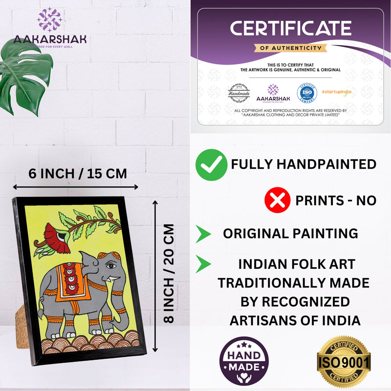 Handmade Kalamkari Elephant Painting – Framed 6x8 Inch Wall Art